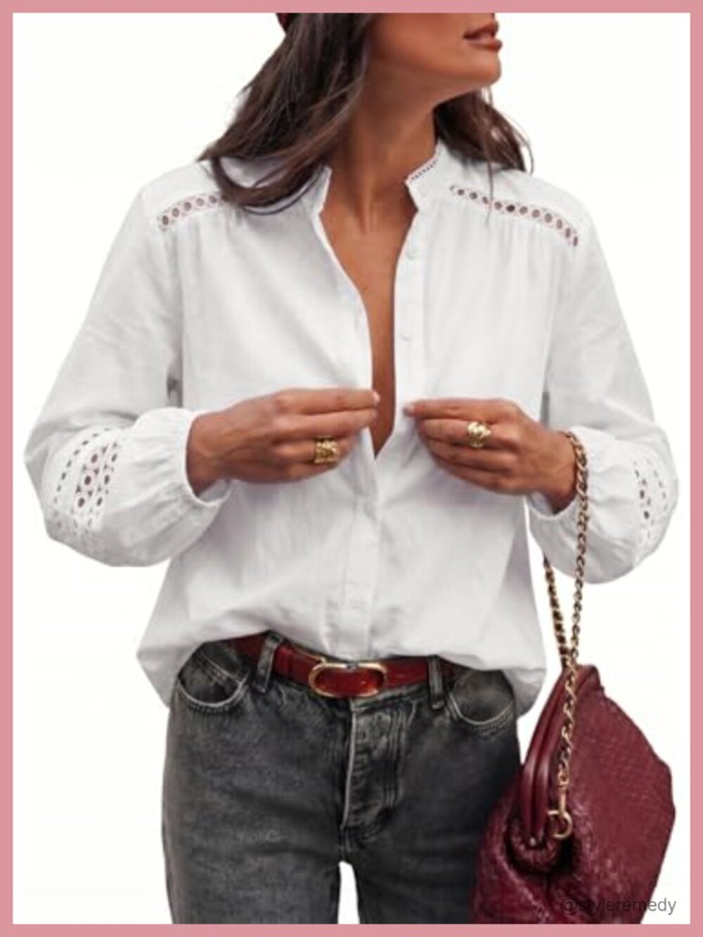 Cotton Linen Button Down Shirt Eyelet Lace Long Sleeve Blouse